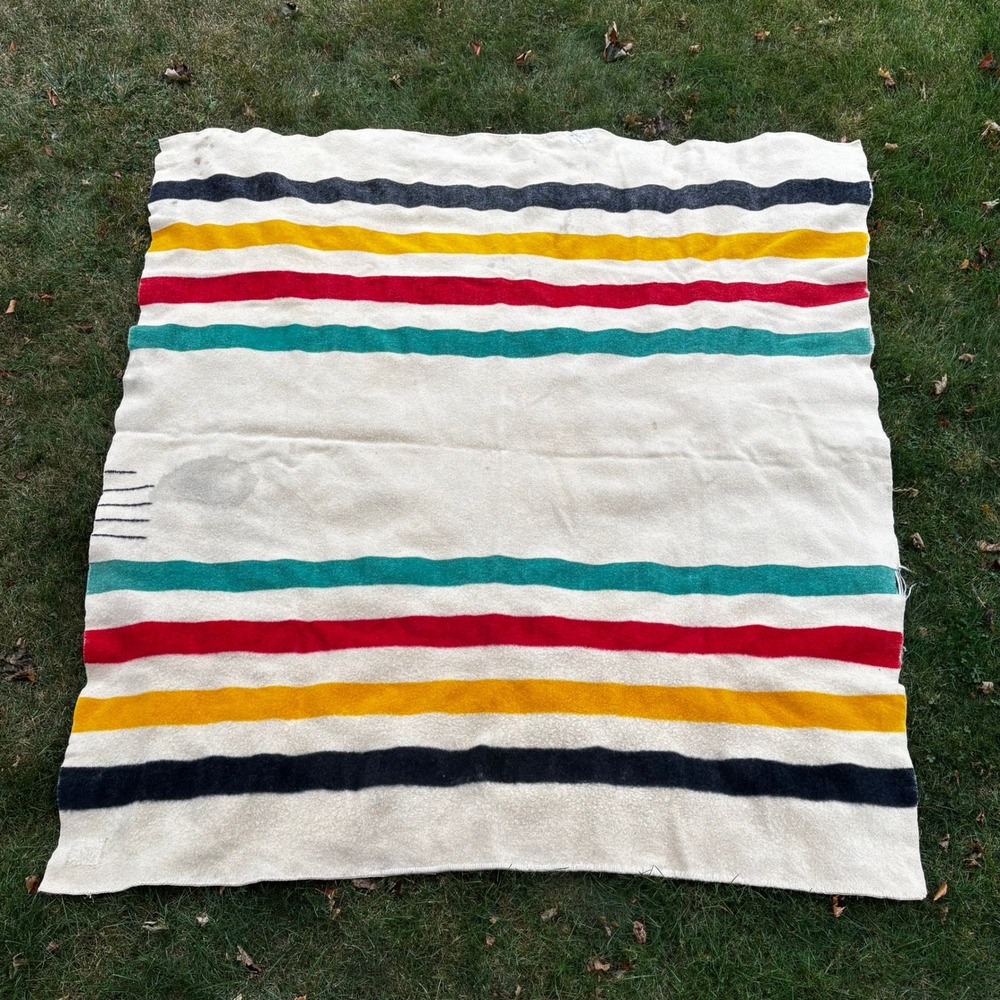 Vintage Hudson Bay 4.5 Point Wool Blanket Multi Stripe Cream Cabin Heritage